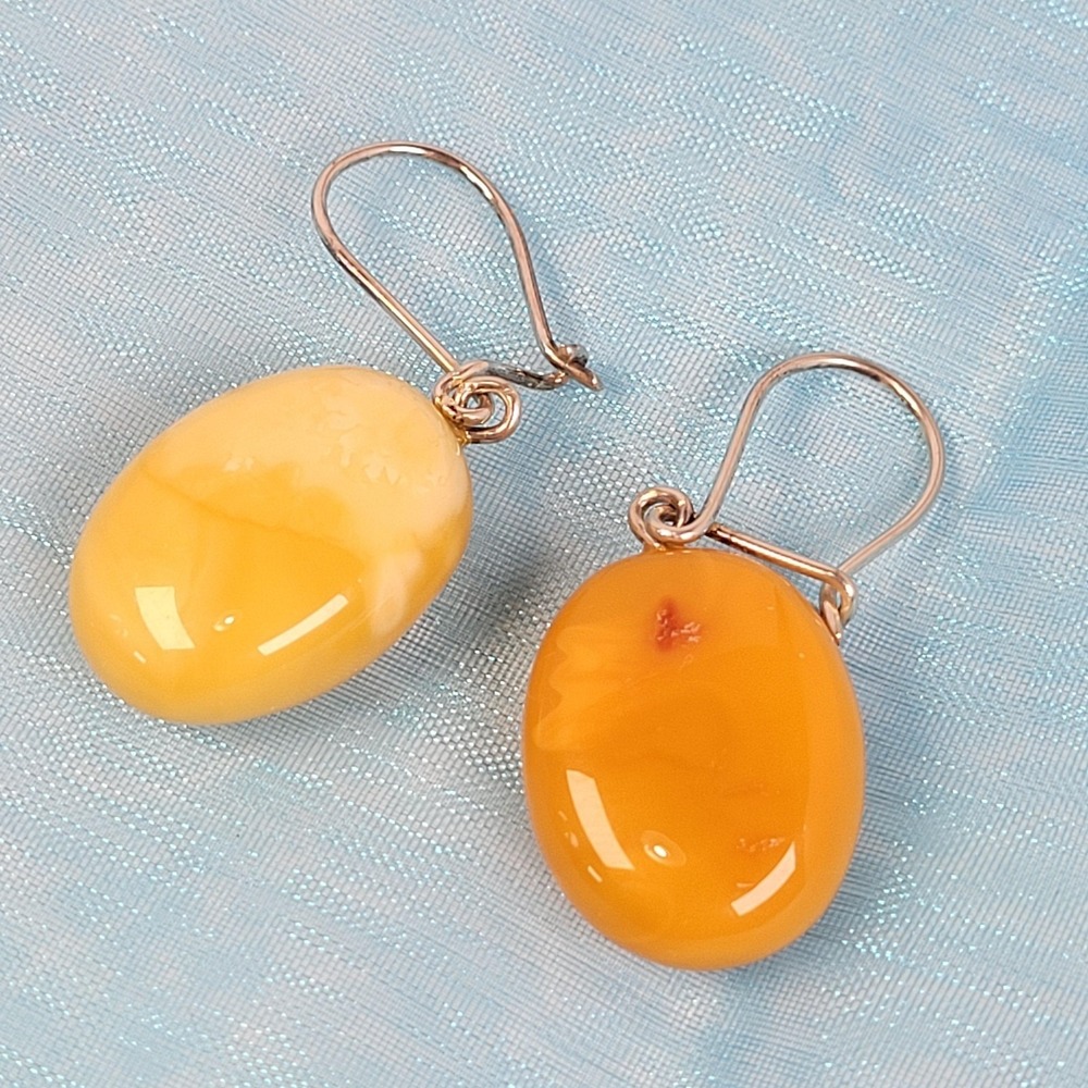 Egg Yolk Amber Dangle Earrings Sterling Silver 925 Oval Yellow Stone Jewelry